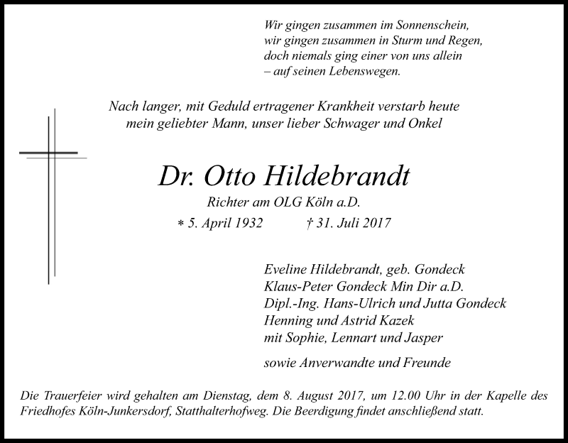  Traueranzeige für Otto Hildebrandt vom 04.08.2017 aus Kölner Stadt-Anzeiger / Kölnische Rundschau / Express