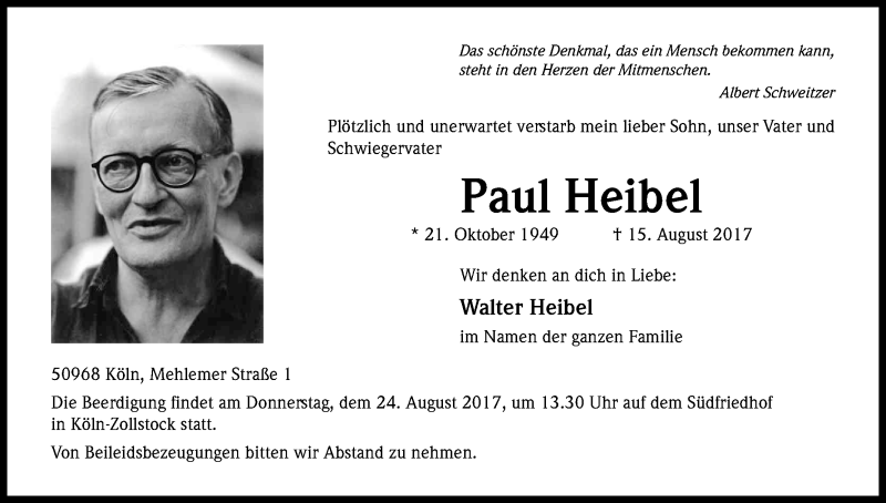  Traueranzeige für Paul Heibel vom 19.08.2017 aus Kölner Stadt-Anzeiger / Kölnische Rundschau / Express