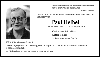 Anzeige von Paul Heibel von Kölner Stadt-Anzeiger / Kölnische Rundschau / Express