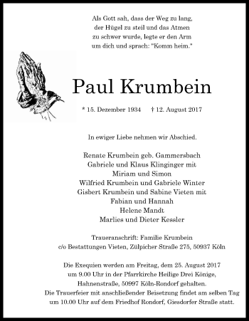 Anzeige von Paul Krumbein von Kölner Stadt-Anzeiger / Kölnische Rundschau / Express