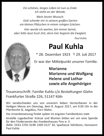Anzeige von Paul Kuhla von  Kölner Wochenspiegel 