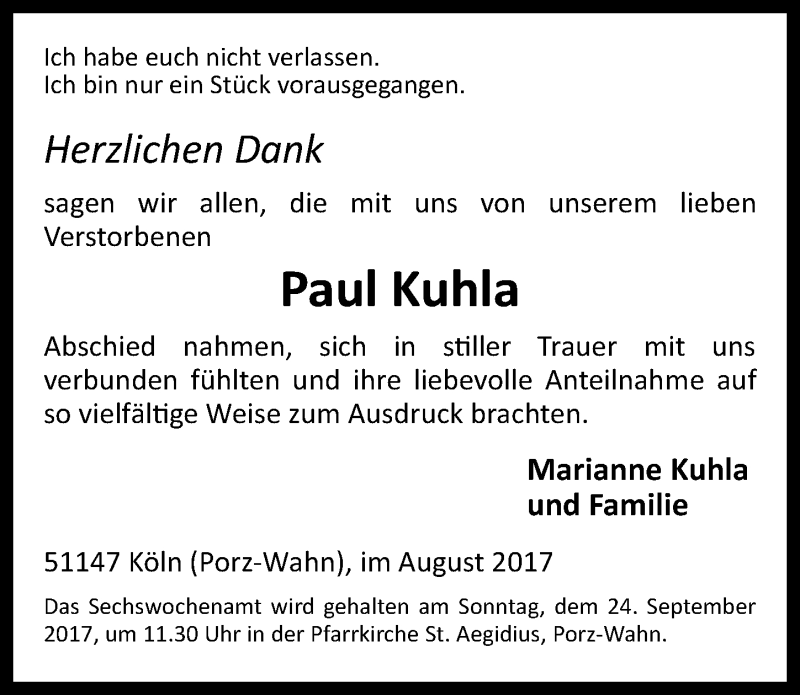  Traueranzeige für Paul Kuhla vom 23.08.2017 aus  Kölner Wochenspiegel 