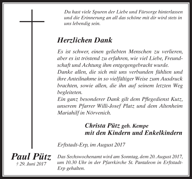  Traueranzeige für Paul Pütz vom 09.08.2017 aus  Werbepost 