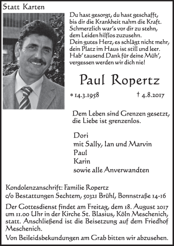 Anzeige von Paul Ropertz von  Schlossbote/Werbekurier 