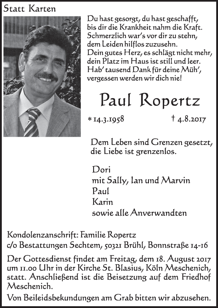  Traueranzeige für Paul Ropertz vom 16.08.2017 aus  Schlossbote/Werbekurier 