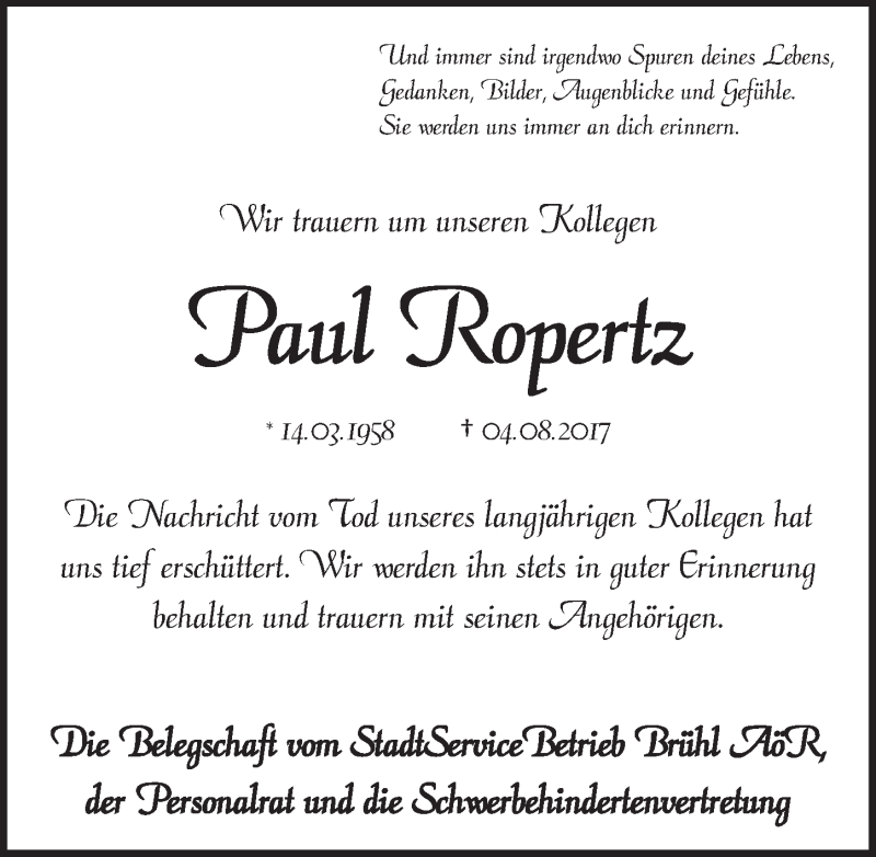  Traueranzeige für Paul Ropertz vom 16.08.2017 aus  Schlossbote/Werbekurier 
