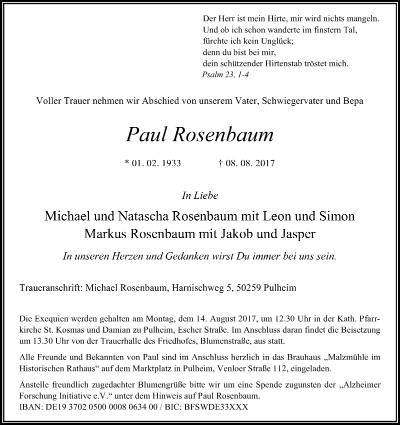  Traueranzeige für Paul Rosenbaum vom 12.08.2017 aus Kölner Stadt-Anzeiger / Kölnische Rundschau / Express