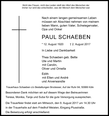 Anzeige von Paul Schaeben von Kölner Stadt-Anzeiger / Kölnische Rundschau / Express