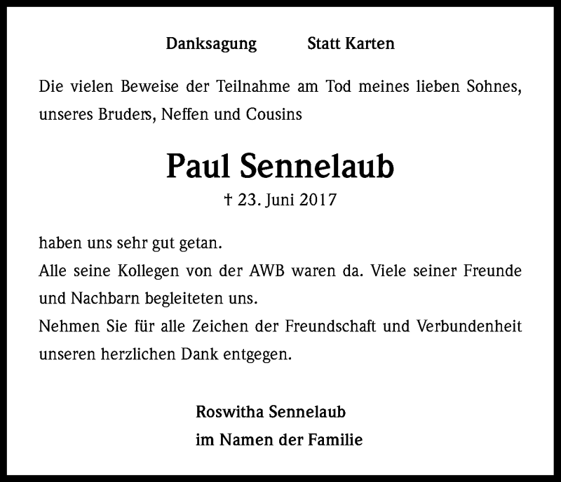  Traueranzeige für Paul Sennelaub vom 05.08.2017 aus Kölner Stadt-Anzeiger / Kölnische Rundschau / Express