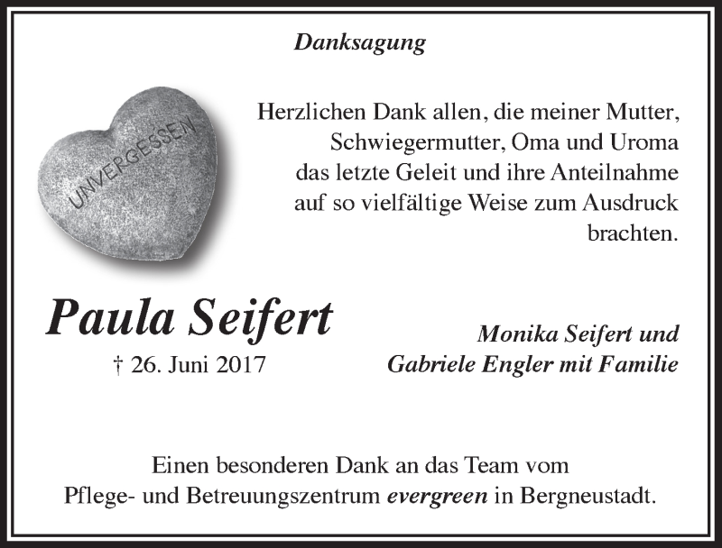  Traueranzeige für Paula Seifert vom 16.08.2017 aus  Anzeigen Echo 