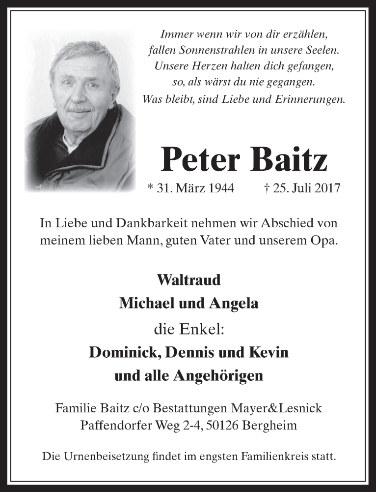  Traueranzeige für Peter Baitz vom 02.08.2017 aus  Werbepost 