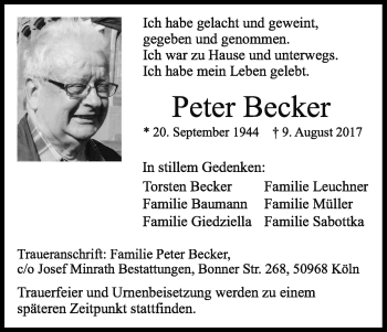 Anzeige von Peter Becker von Kölner Stadt-Anzeiger / Kölnische Rundschau / Express