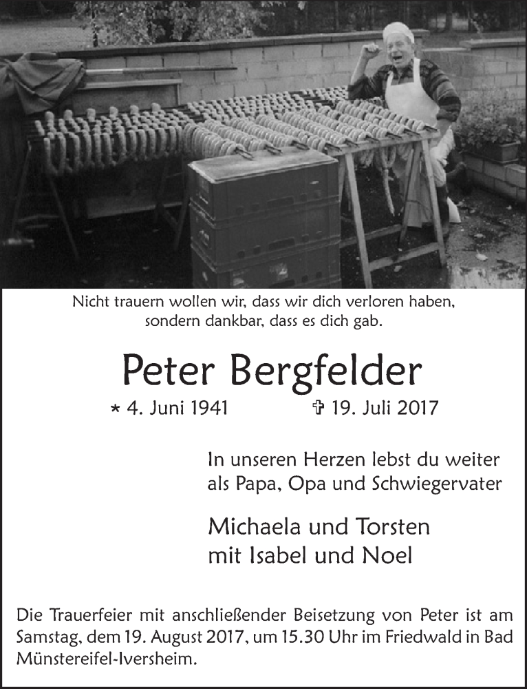  Traueranzeige für Peter Bergfelder vom 12.08.2017 aus  Blickpunkt Euskirchen 