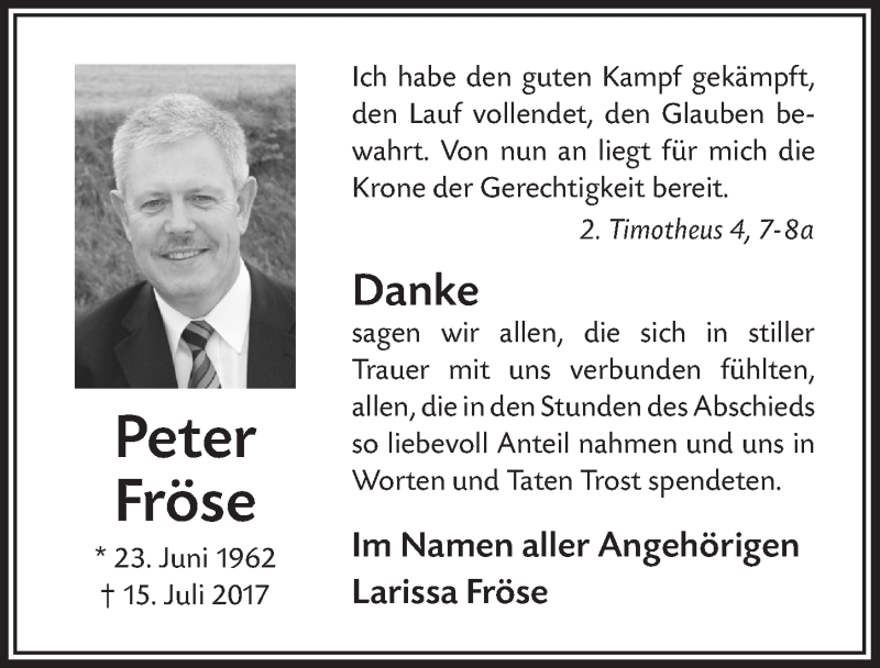  Traueranzeige für Peter Fröse vom 16.08.2017 aus  Anzeigen Echo 