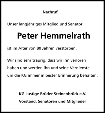 Anzeige von Peter Hemmelrath von Kölner Stadt-Anzeiger / Kölnische Rundschau / Express