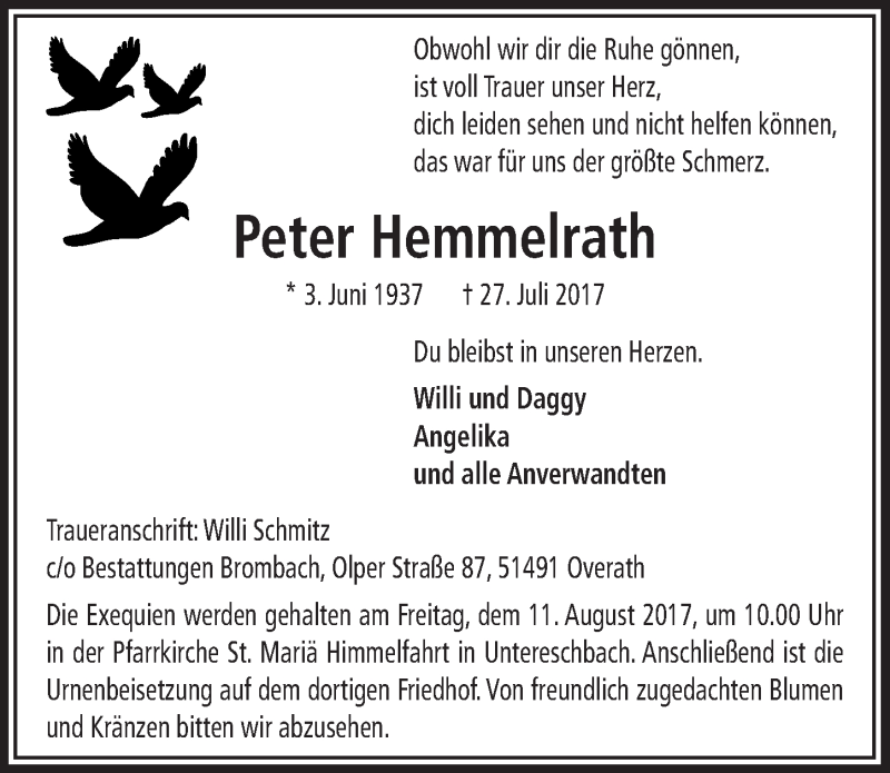 Traueranzeige für Peter Hemmelrath vom 02.08.2017 aus  Bergisches Handelsblatt 