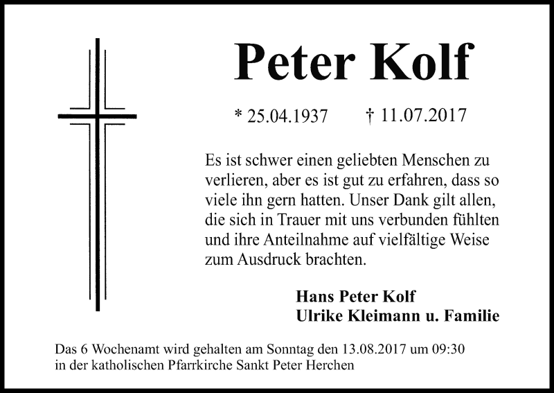  Traueranzeige für Peter Kolf vom 15.08.2017 aus Kölner Stadt-Anzeiger / Kölnische Rundschau / Express