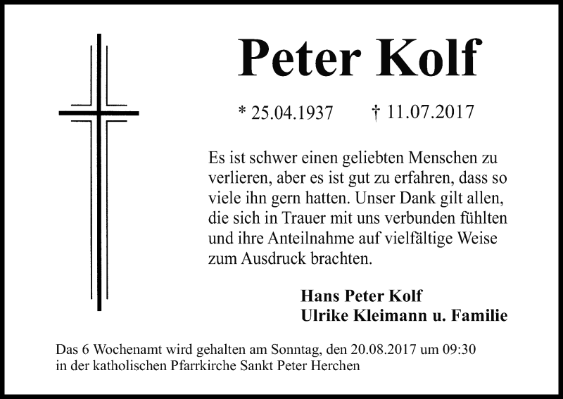  Traueranzeige für Peter Kolf vom 16.08.2017 aus Kölner Stadt-Anzeiger / Kölnische Rundschau / Express