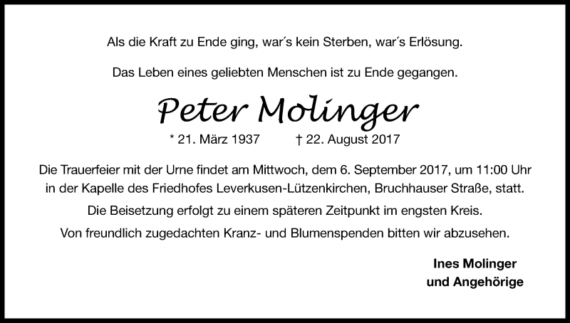  Traueranzeige für Peter Molinger vom 30.08.2017 aus Kölner Stadt-Anzeiger / Kölnische Rundschau / Express