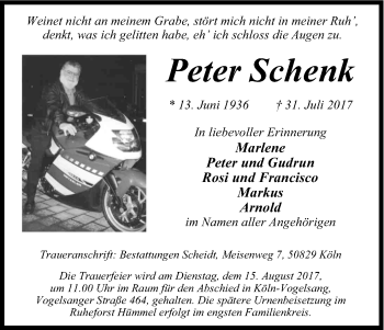 Anzeige von Peter Schenk von Kölner Stadt-Anzeiger / Kölnische Rundschau / Express