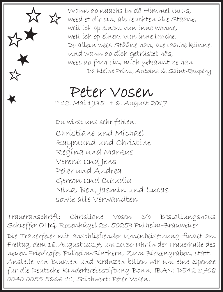  Traueranzeige für Peter Vosen vom 12.08.2017 aus  Sonntags-Post 