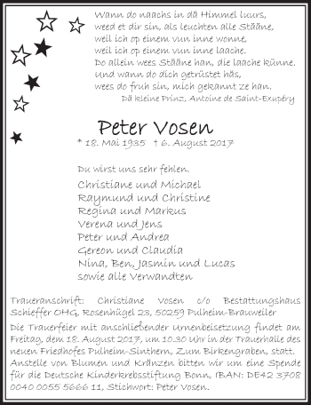 Anzeige von Peter Vosen von  Sonntags-Post 