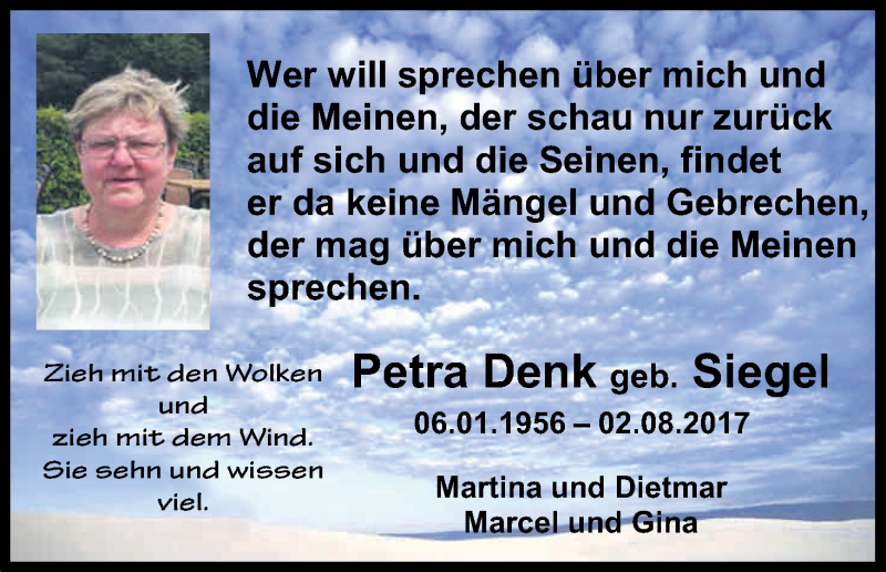  Traueranzeige für Petra Denk vom 09.08.2017 aus Kölner Stadt-Anzeiger / Kölnische Rundschau / Express