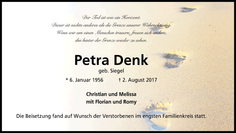  Traueranzeige für Petra Denk vom 09.08.2017 aus Kölner Stadt-Anzeiger / Kölnische Rundschau / Express