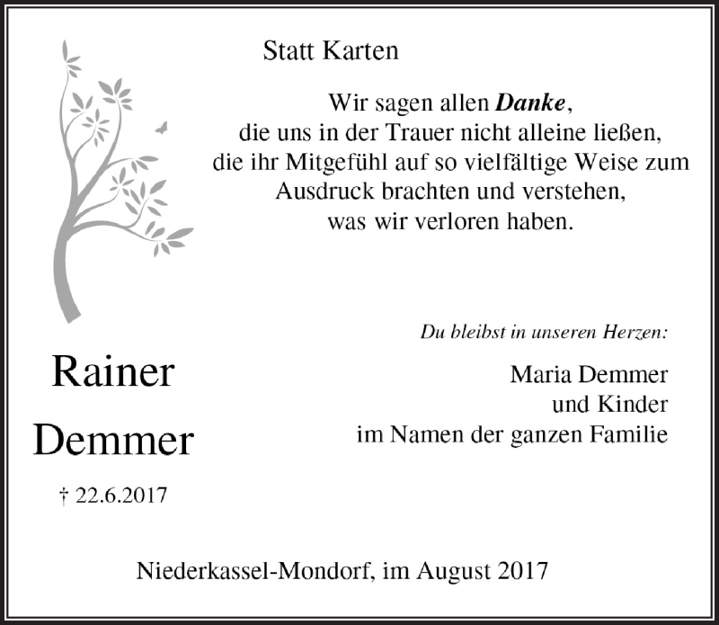  Traueranzeige für Rainer Demmer vom 02.08.2017 aus  Extra Blatt 