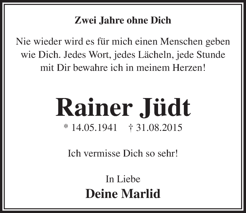  Traueranzeige für Rainer Jüdt vom 30.08.2017 aus  Lokalanzeiger 
