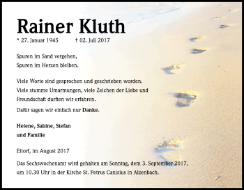 Anzeige von Rainer Kluth von Kölner Stadt-Anzeiger / Kölnische Rundschau / Express