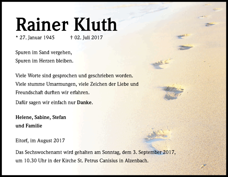  Traueranzeige für Rainer Kluth vom 29.08.2017 aus Kölner Stadt-Anzeiger / Kölnische Rundschau / Express