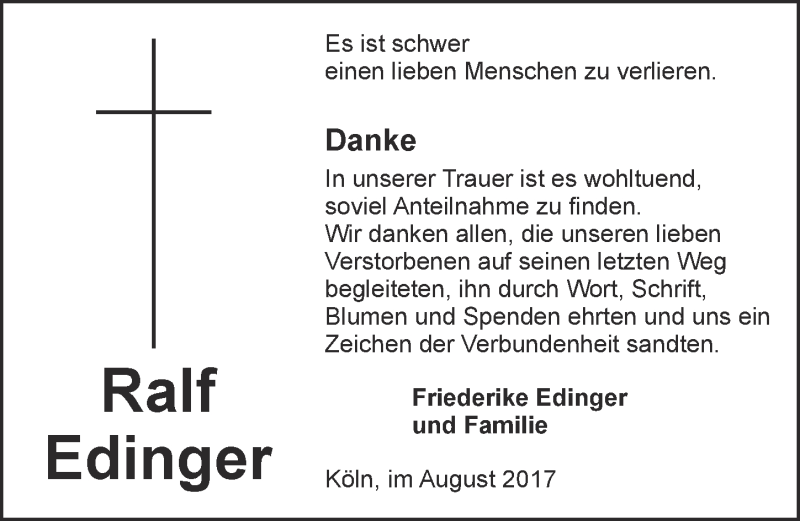 Traueranzeige für Ralf Edinger vom 02.08.2017 aus  Kölner Wochenspiegel 