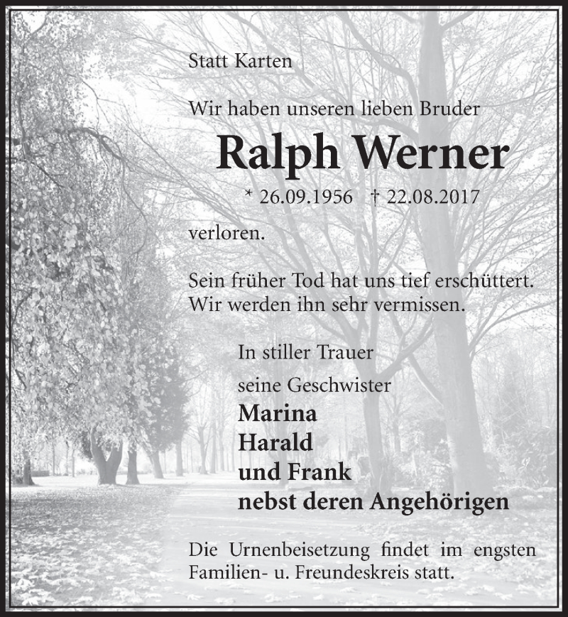  Traueranzeige für Ralph Werner vom 26.08.2017 aus  Sonntags-Post 