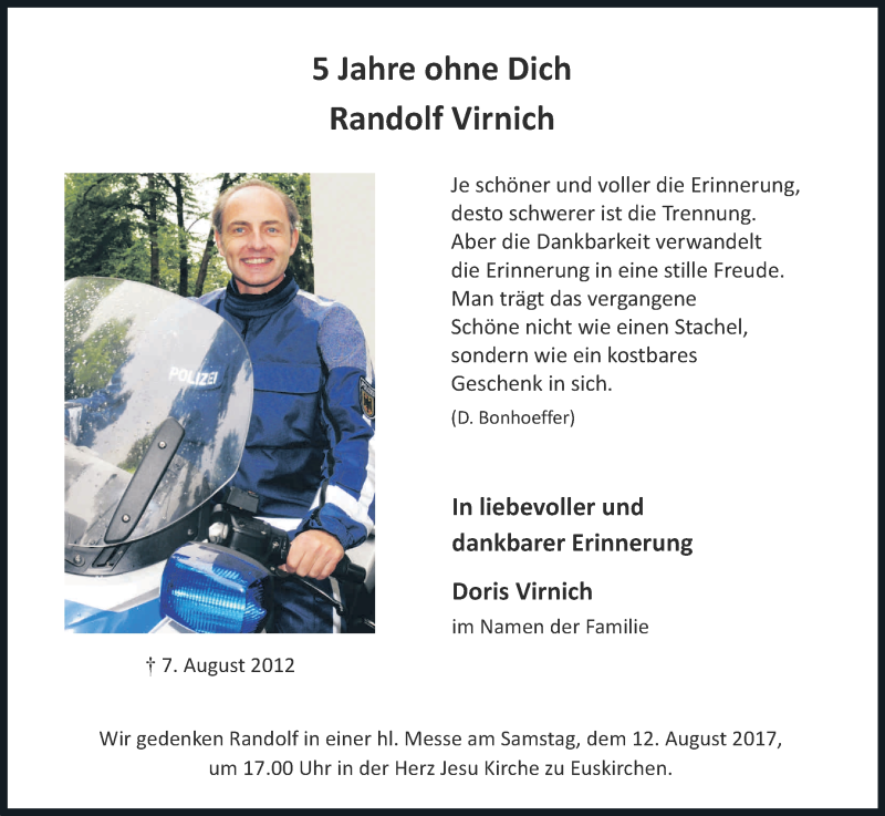  Traueranzeige für Randolf Virnich vom 05.08.2017 aus Kölner Stadt-Anzeiger / Kölnische Rundschau / Express