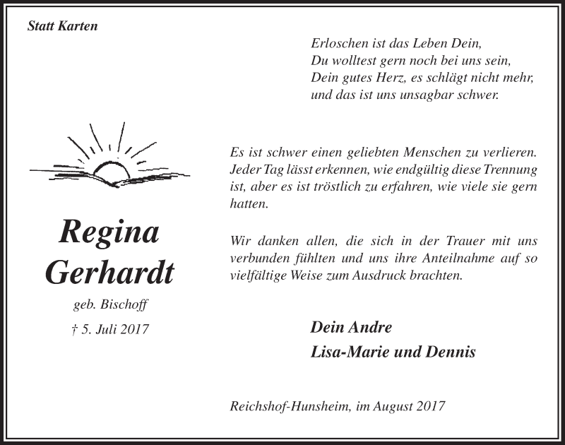  Traueranzeige für Regina Gerhardt vom 30.08.2017 aus  Anzeigen Echo  Lokalanzeiger 