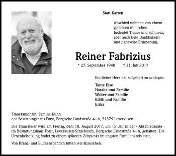 Anzeige von Reiner Fabrizius von Kölner Stadt-Anzeiger / Kölnische Rundschau / Express