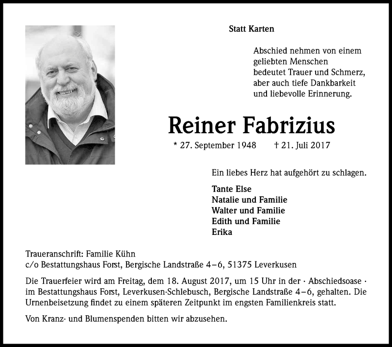  Traueranzeige für Reiner Fabrizius vom 12.08.2017 aus Kölner Stadt-Anzeiger / Kölnische Rundschau / Express