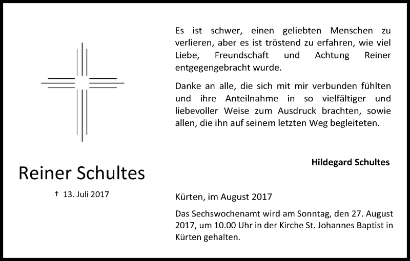 Traueranzeige für Reiner Schultes vom 19.08.2017 aus Kölner Stadt-Anzeiger / Kölnische Rundschau / Express
