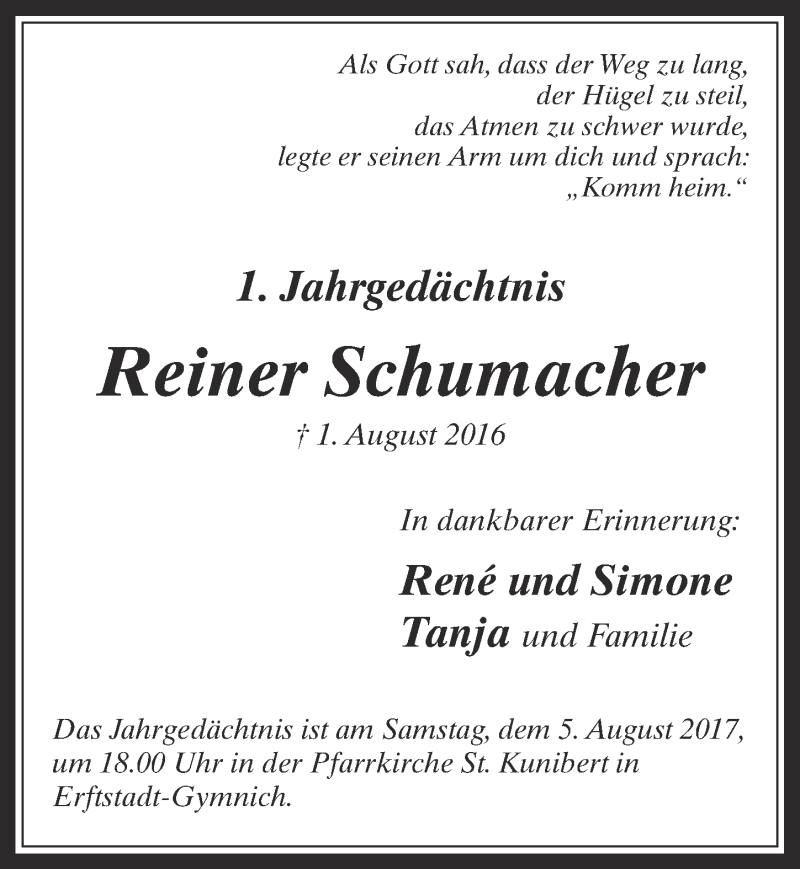  Traueranzeige für Reiner Schumacher vom 02.08.2017 aus  Werbepost 