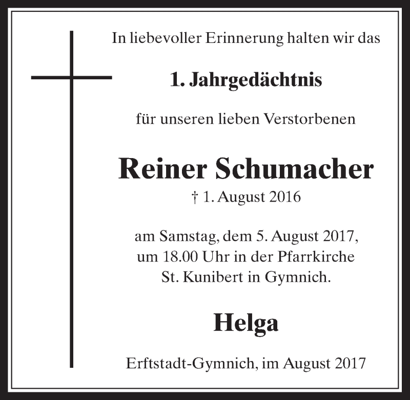  Traueranzeige für Reiner Schumacher vom 02.08.2017 aus  Werbepost 