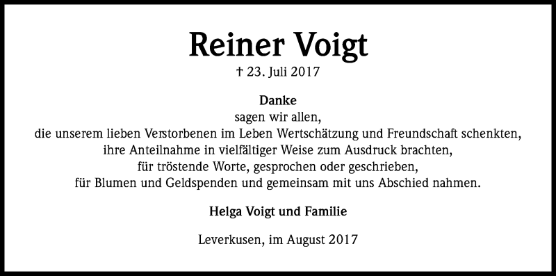  Traueranzeige für Reiner Voigt vom 23.08.2017 aus Kölner Stadt-Anzeiger / Kölnische Rundschau / Express
