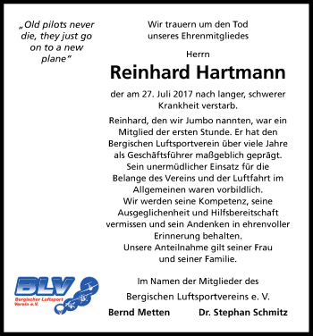 Anzeige von Reinhard Hartmann von Kölner Stadt-Anzeiger / Kölnische Rundschau / Express
