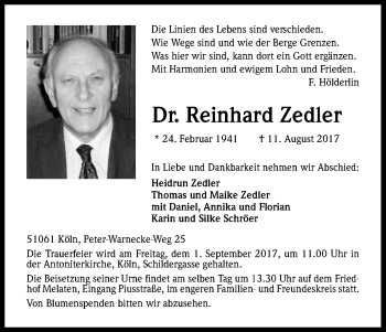 Anzeige von Reinhard Zedler von Kölner Stadt-Anzeiger / Kölnische Rundschau / Express