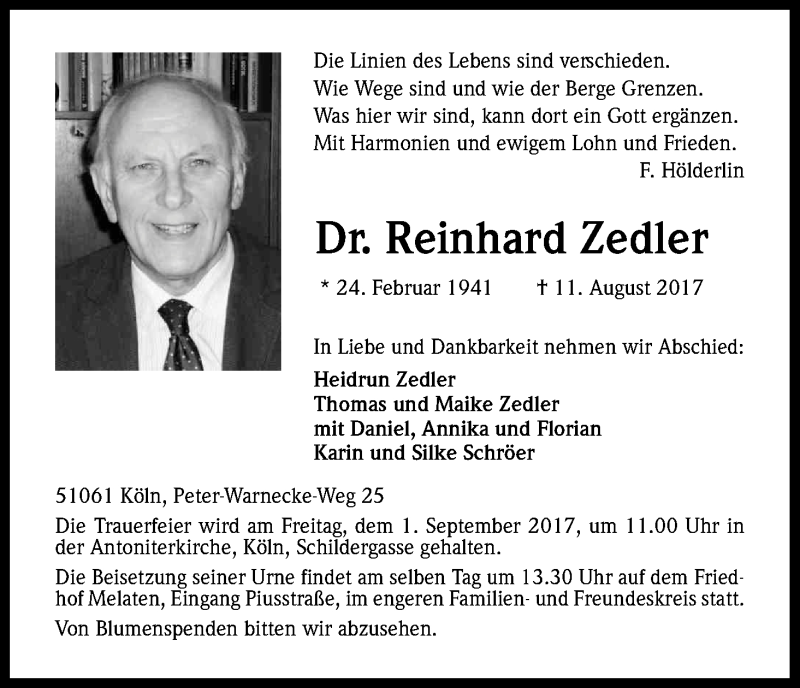  Traueranzeige für Reinhard Zedler vom 23.08.2017 aus Kölner Stadt-Anzeiger / Kölnische Rundschau / Express