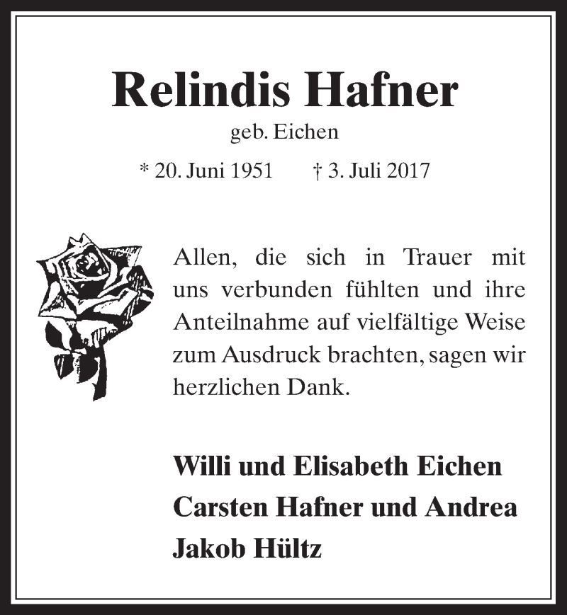  Traueranzeige für Relindis Hafner vom 16.08.2017 aus  Schaufenster/Blickpunkt 