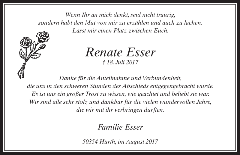  Traueranzeige für Renate Esser vom 09.08.2017 aus  Wochenende 