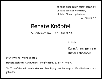 Anzeige von Renate Knöpfel von Kölner Stadt-Anzeiger / Kölnische Rundschau / Express