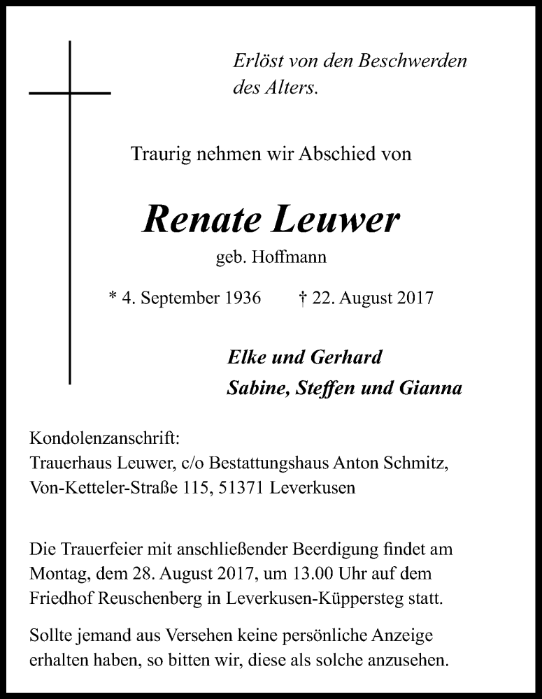  Traueranzeige für Renate Leuwer vom 26.08.2017 aus Kölner Stadt-Anzeiger / Kölnische Rundschau / Express
