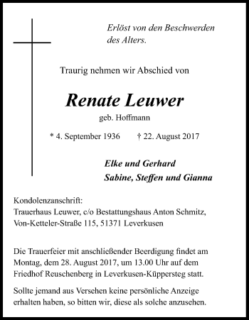 Anzeige von Renate Leuwer von Kölner Stadt-Anzeiger / Kölnische Rundschau / Express